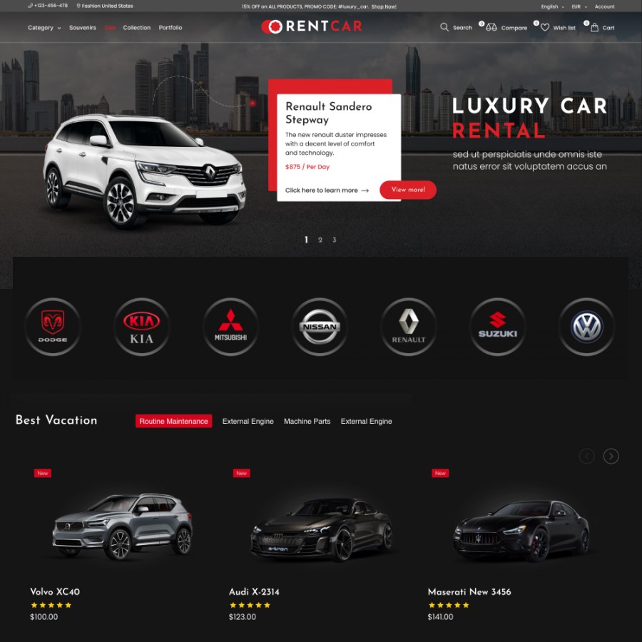 Rental Car - Auto and Motorcycles, Bikes & Tools Prestashop Theme