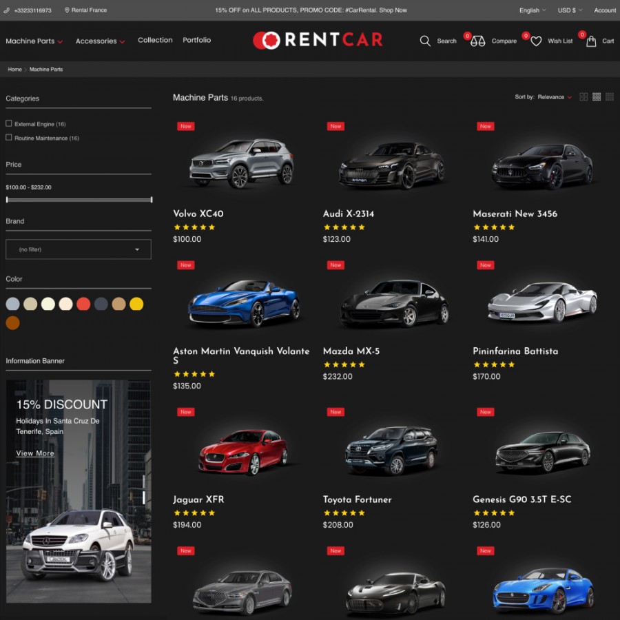 Rental Car - Auto and Motorcycles, Bikes & Tools Prestashop Theme