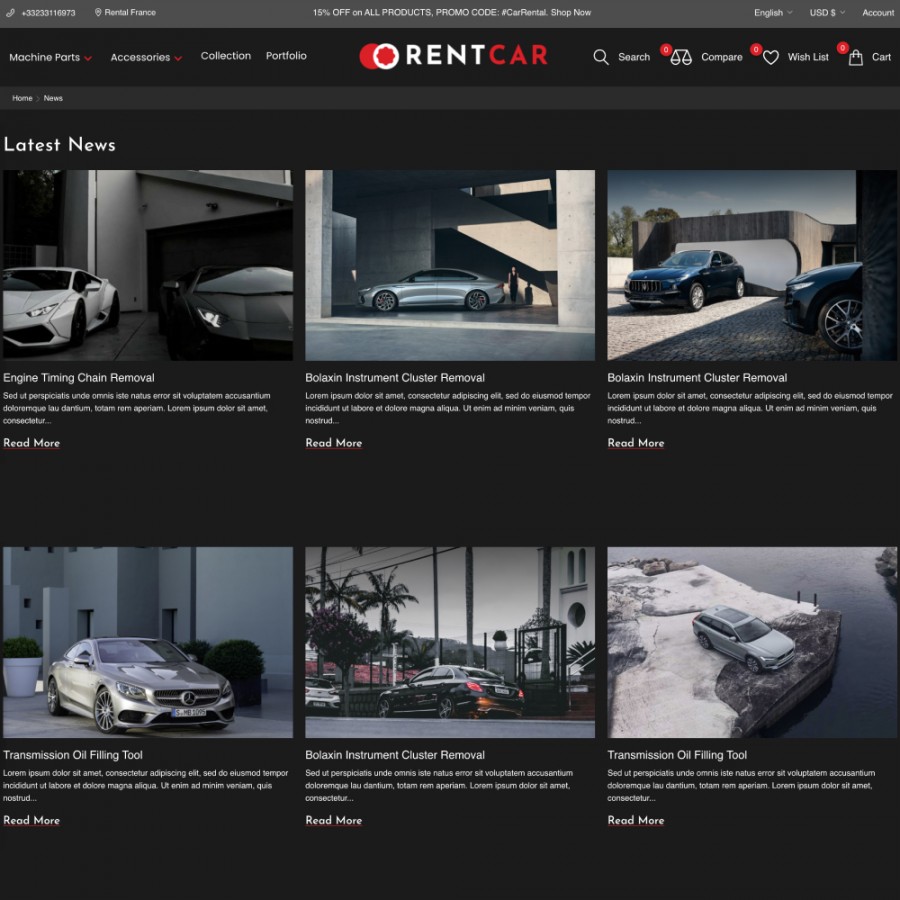 Rental Car - Auto and Motorcycles, Bikes & Tools Prestashop Theme