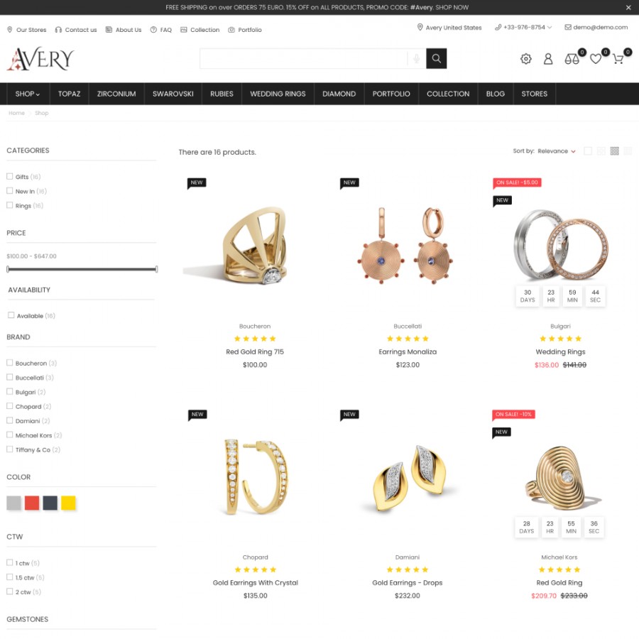 Avery - Jewelry & Gems, Accessories, Bags and Gold Shop Prestashop Theme