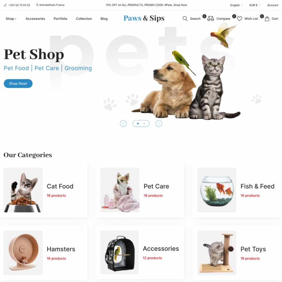 Paws Sips - Animals and Pats Care, Toys, Zoo Grooming Prestashop Theme